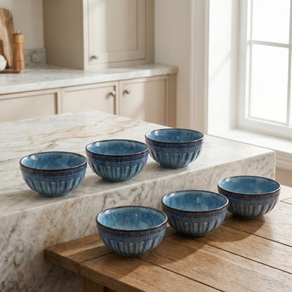 Premium Ceramic Bowl Set of 4 – Tachiso Blue Textured Serving Bowls