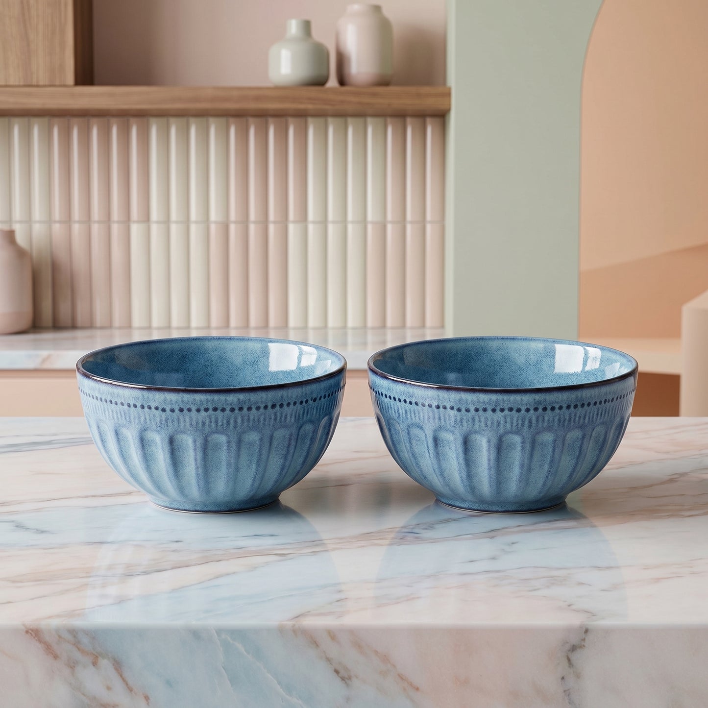 Premium Ceramic Bowl Set of 2 – Tachiso Blue Textured Serving Bowls