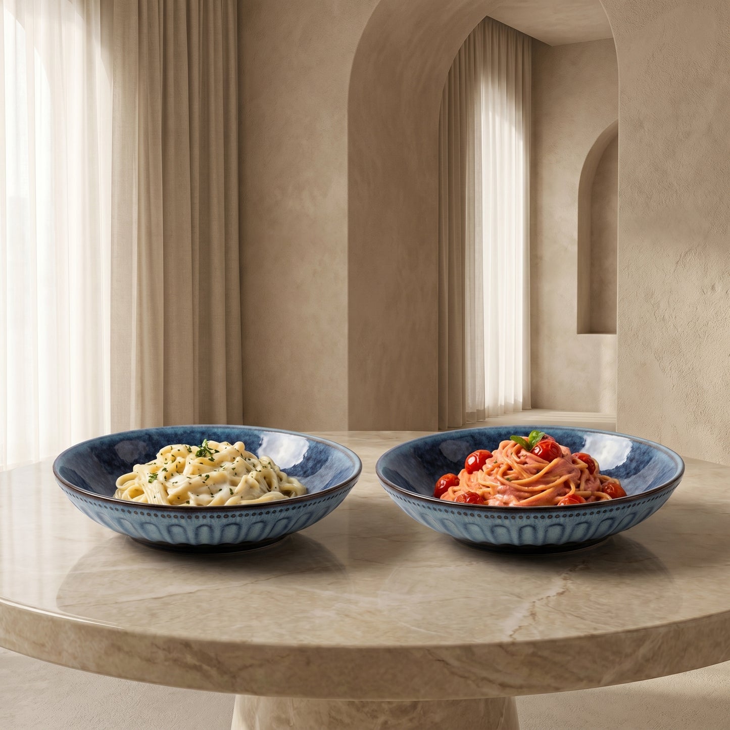 Premium Ceramic Serving Bowl Set (2 Pcs) – Tachiso Blue Textured Deep Plates
