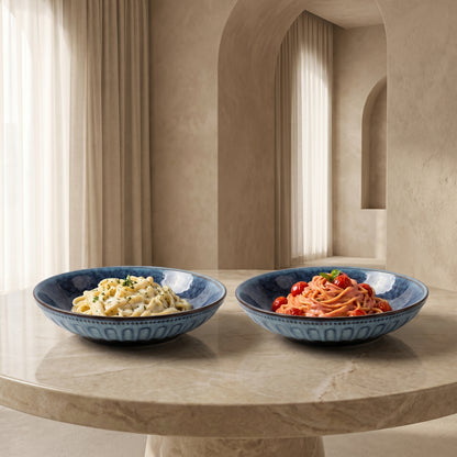 Premium Ceramic Serving Bowl Set (2 Pcs) – Tachiso Blue Textured Deep Plates