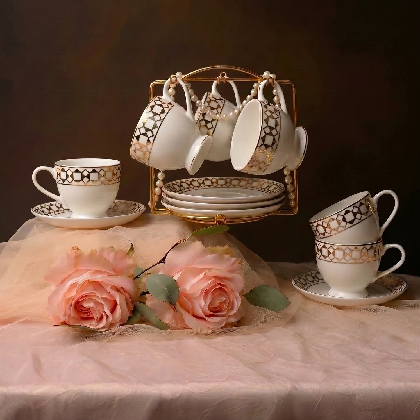 Premium Gold Pattern Tea Cup & Saucer Set (6 Pieces) – Tachiso Elegant Ceramic Coffee Cups