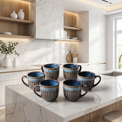 Premium Ceramic Mug Set of 6 – Tachiso Blue Ribbed Design Coffee & Tea Cups
