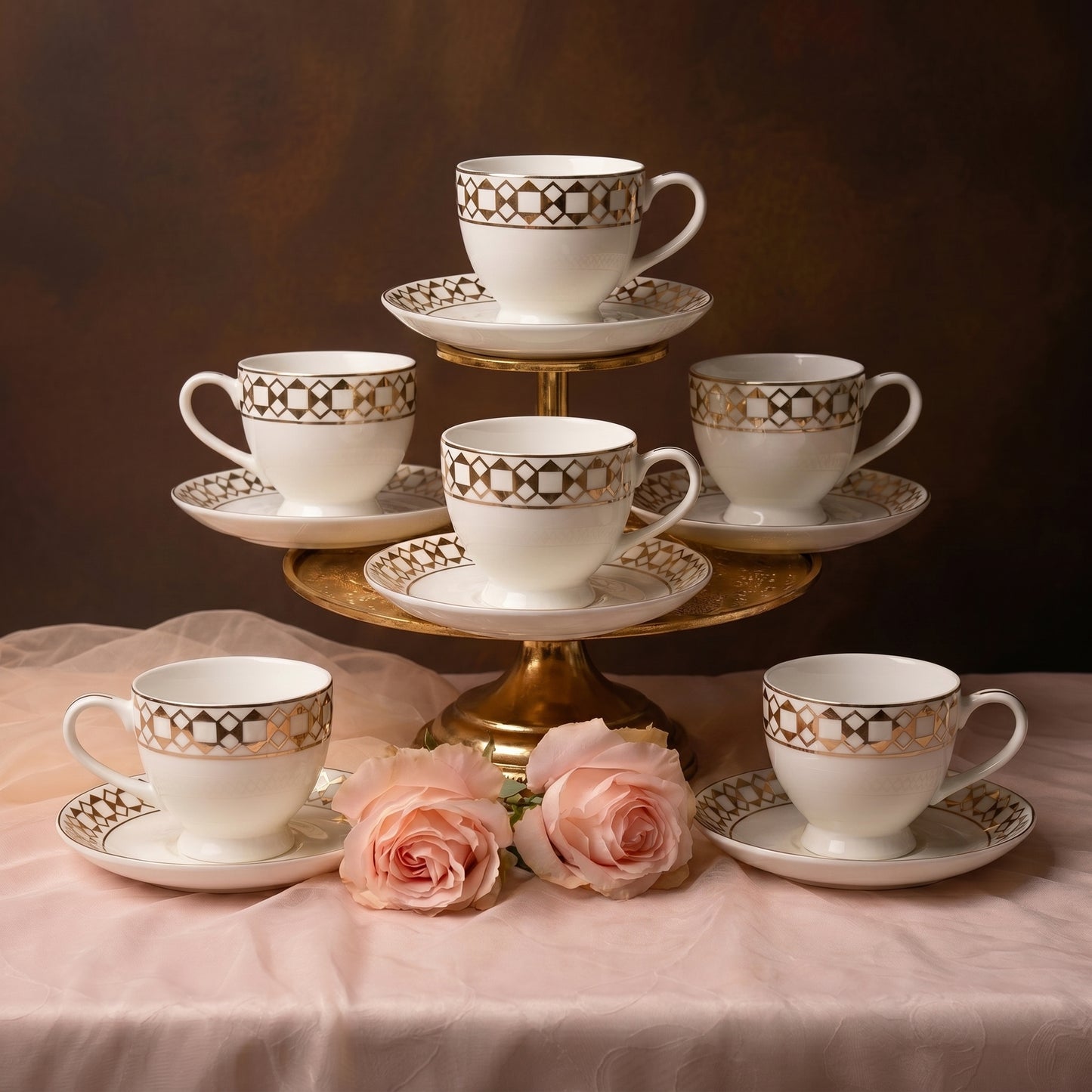 Premium Gold Pattern Tea Cup & Saucer Set (6 Pieces) – Tachiso Elegant Ceramic Coffee Cups