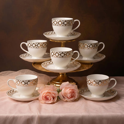 Premium Gold Pattern Tea Cup & Saucer Set (6 Pieces) – Tachiso Elegant Ceramic Coffee Cups
