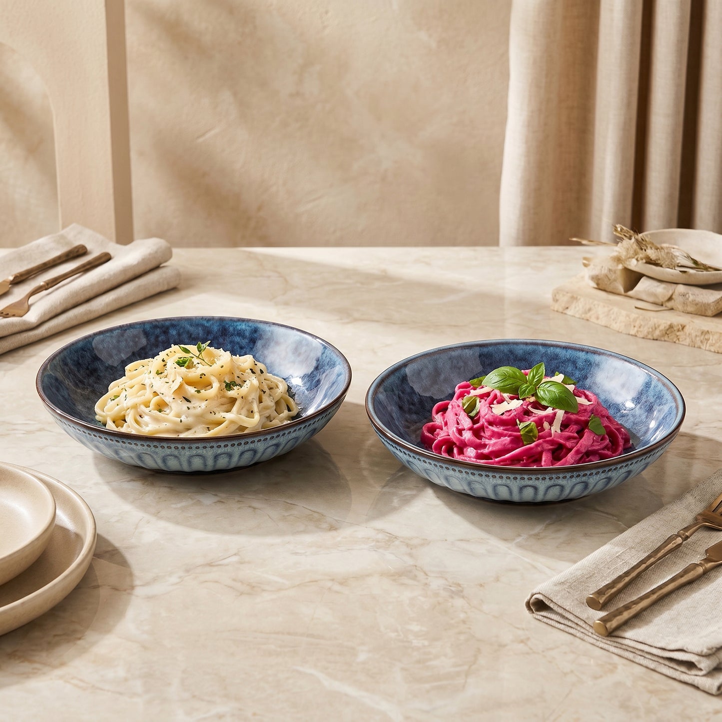 Premium Ceramic Serving Bowl Set (2 Pcs) – Tachiso Blue Textured Deep Plates