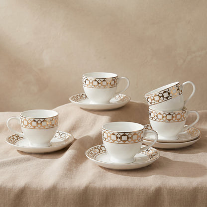 Premium Gold Pattern Tea Cup & Saucer Set (6 Pieces) – Tachiso Elegant Ceramic Coffee Cups