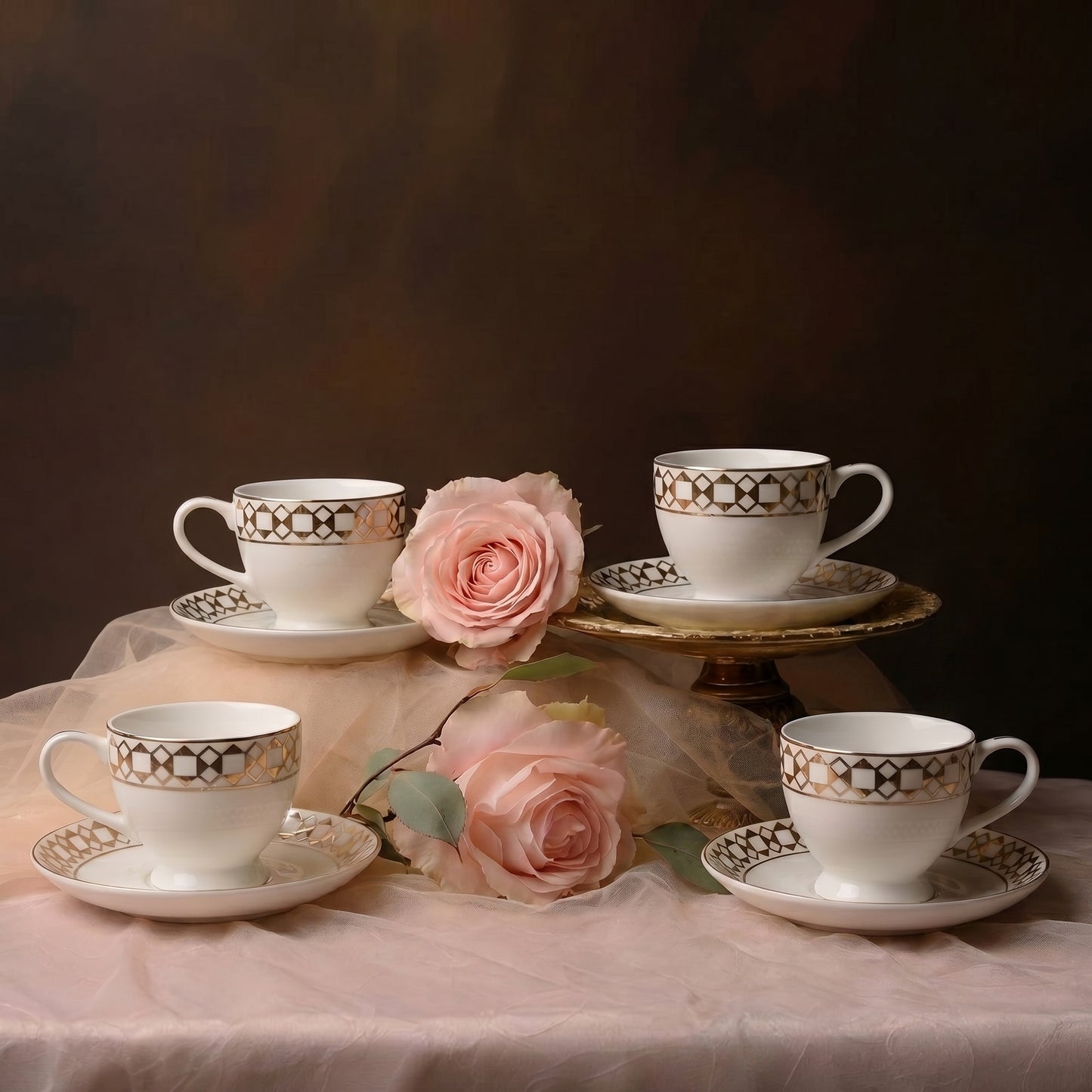 Premium Gold Pattern Tea Cup & Saucer Set (6 Pieces) – Tachiso Elegant Ceramic Coffee Cups