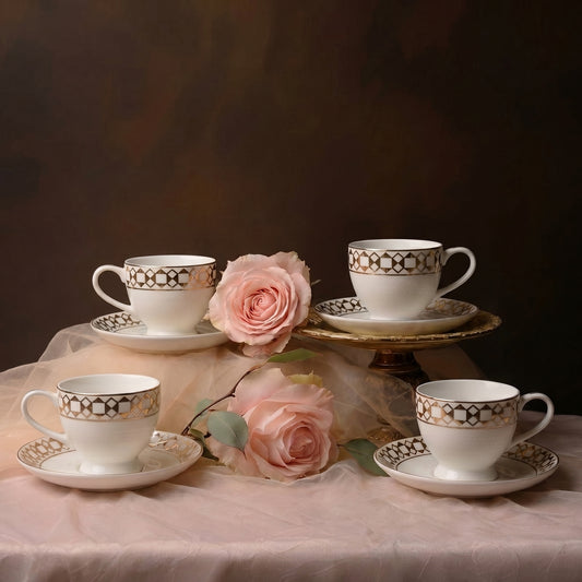 Premium Gold Pattern Tea Cup & Saucer Set (6 Pieces) – Tachiso Elegant Ceramic Coffee Cups